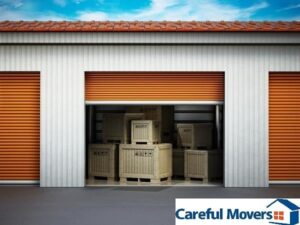 Furniture crated and stacked inside a Careful Movers storage unit